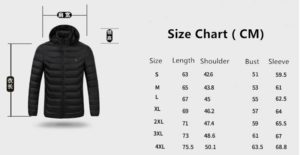 Men's Hooded USB Heated Jackets - Size chart